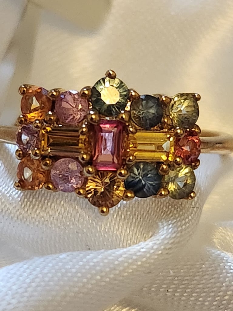 image for NeW SIZE Q RING 9CT GOLD BOAT RING MIXED GRADE AA MIXED SAPPHIRES SIZE Q 