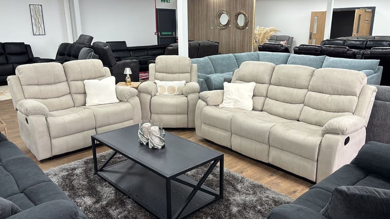 Beige Fabric 3+2+1 Seater Sofa Set Manual Recliner 