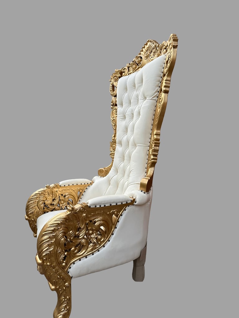 Queen Throne Chair - Gold Frame with White Leather - Wedding Furniture