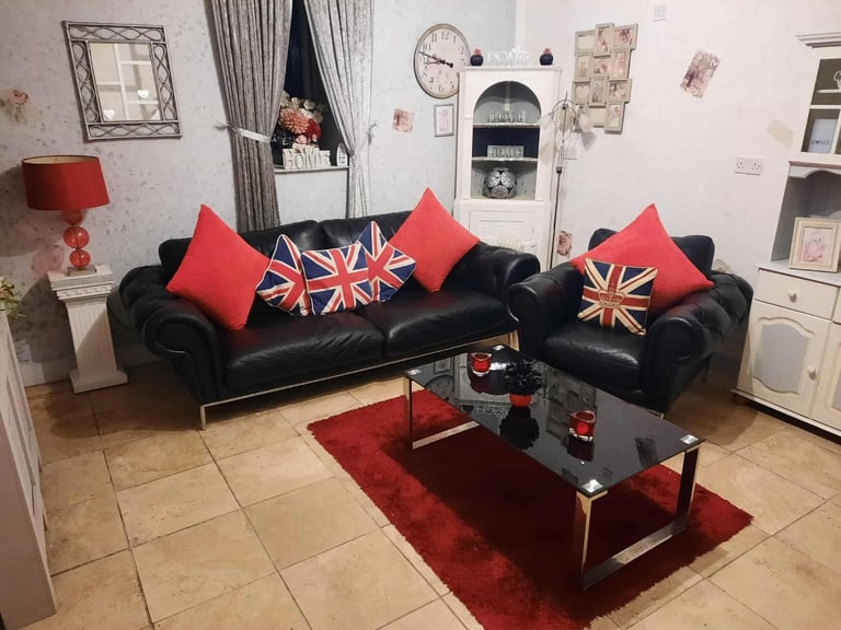 image for REDUCED Black real leather stylish 3 seater sofa and chair Barker and Stonehouse chesterfield style