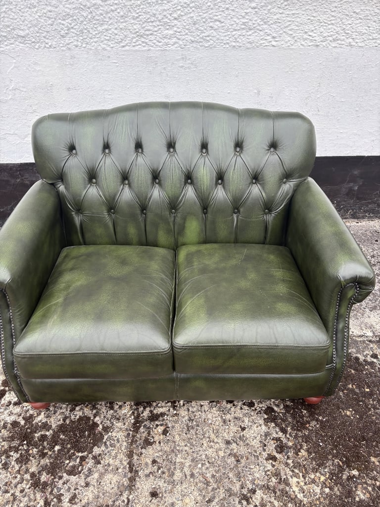 Thomas Lloyd green vintage leather chesterfield sofa 