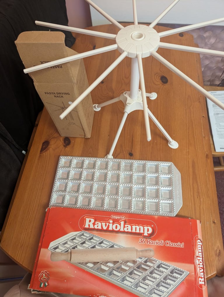 Ravioli making tin and pasta drying rack