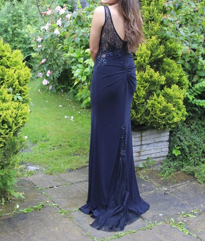 Black prom evening dress, sherri hill, lacy, UK size 10 with train