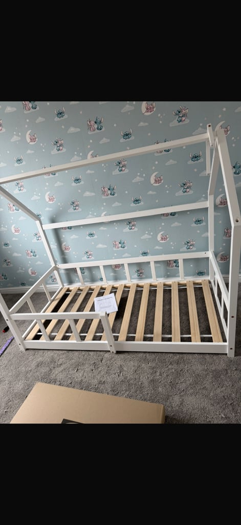 image for White toddler bed with house frame includes mattress