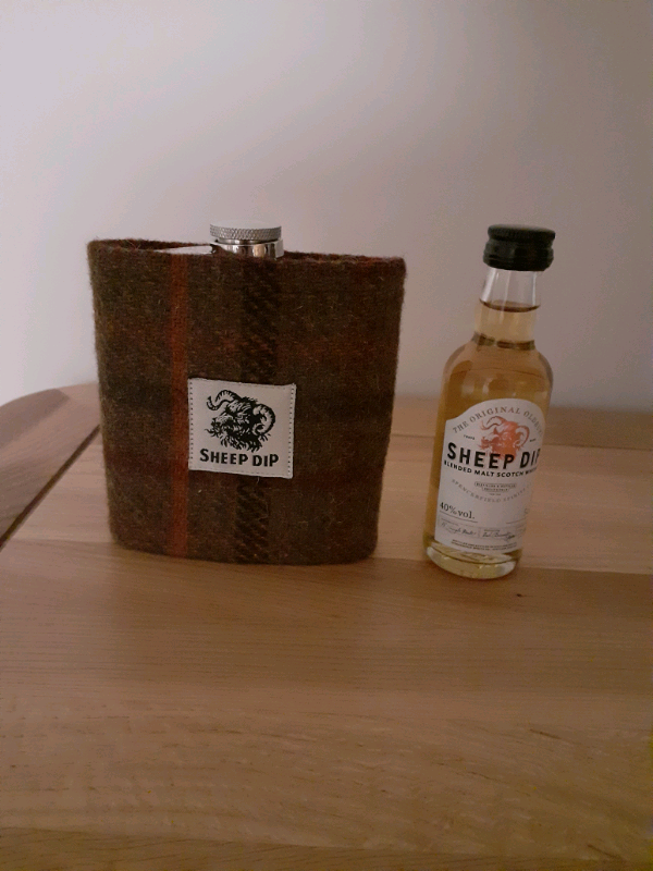 Sheep dip hip flask and 5cl bottle 