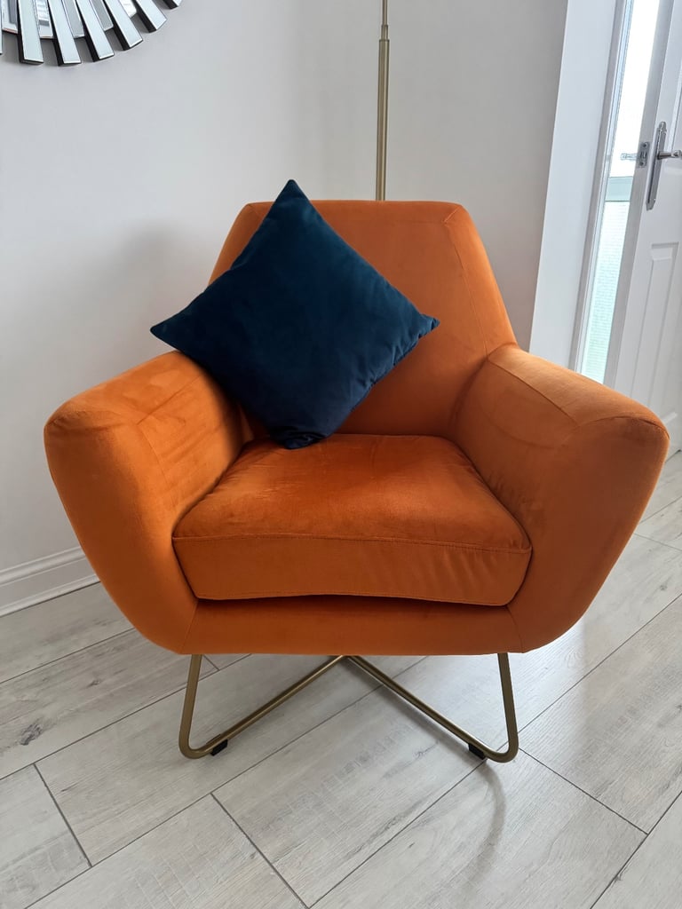 Plush Velvet Dark Blue Pillow Back 3 Seater Sofa, Large Dark Blue Footstool and Orange Accent Chair