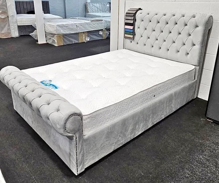 image for Double bed frame with optional mattress pebble colour 