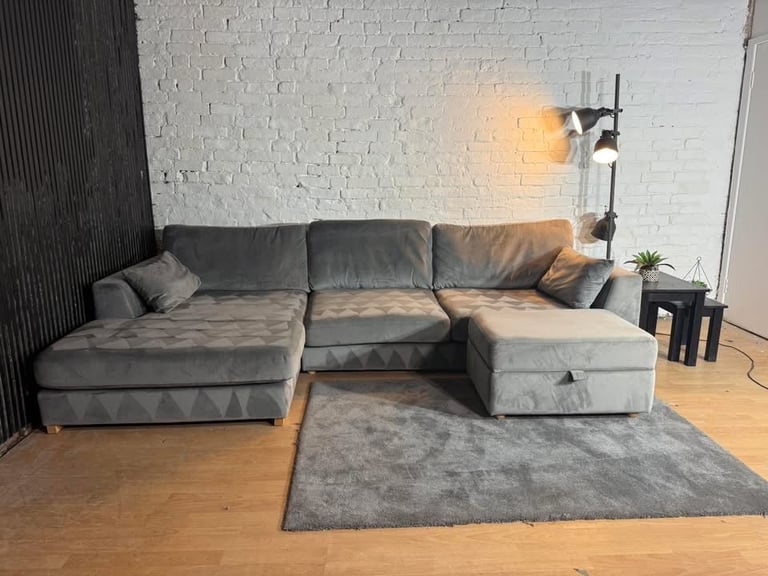 DFS – Large Grey Velvet Plush Corner Sofa + Matching Footstool