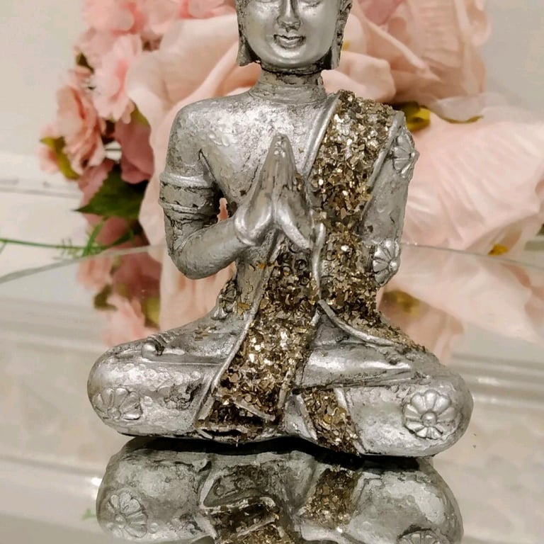 Set of 3 Silver Sitting Diamante Encrusted Buddha's. Handmade finish