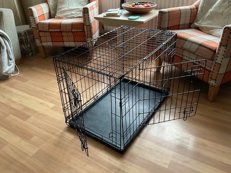 Dog cage, crate, medium, black , metal, plastic tray, enclosure, training 