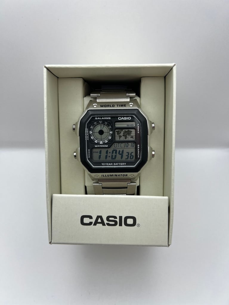 image for Casio Royale Illuminator AE-1200WHD-1AVEF - Digital World Time Watch, Box & Papers