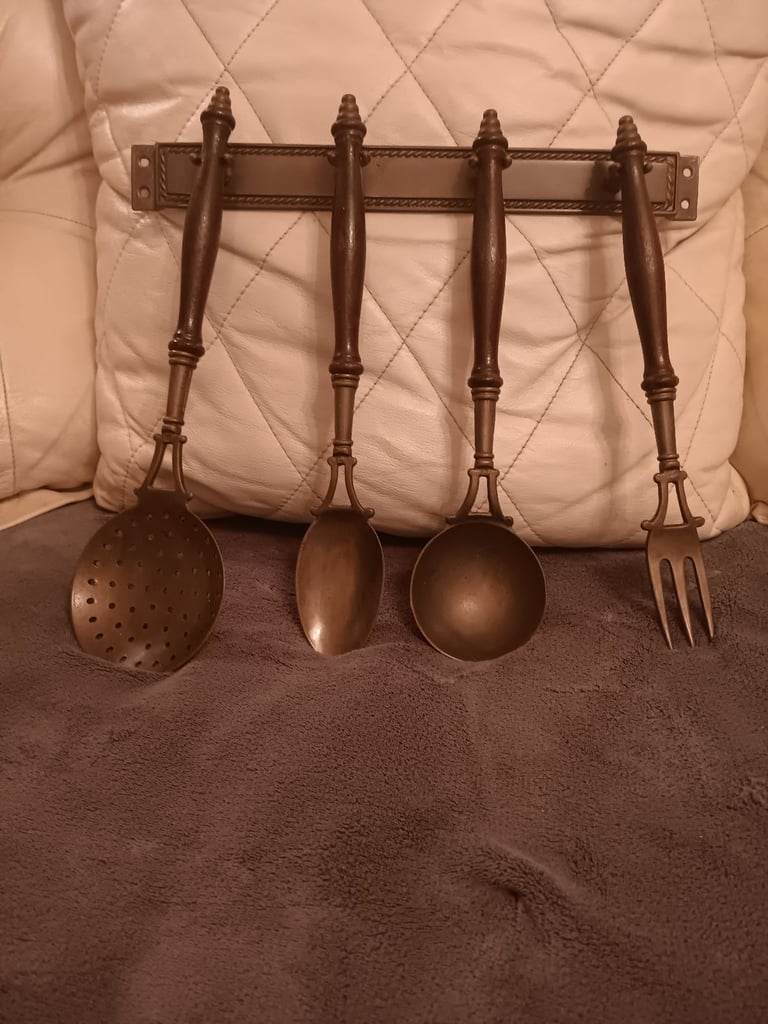 Antique Brass & Wood Kitchen utensils 
