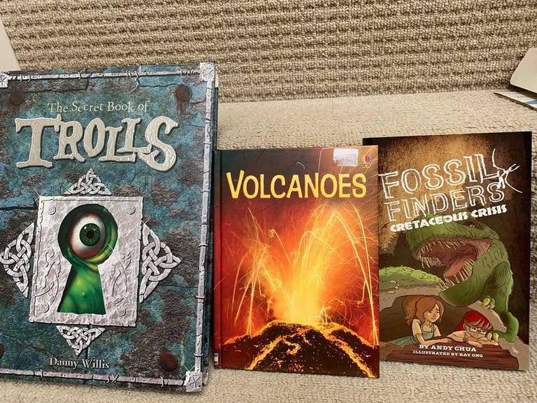 image for 3 KIDS BOOKS - TROLLS - VOLCANOES - FOSSILS (diff. prices)