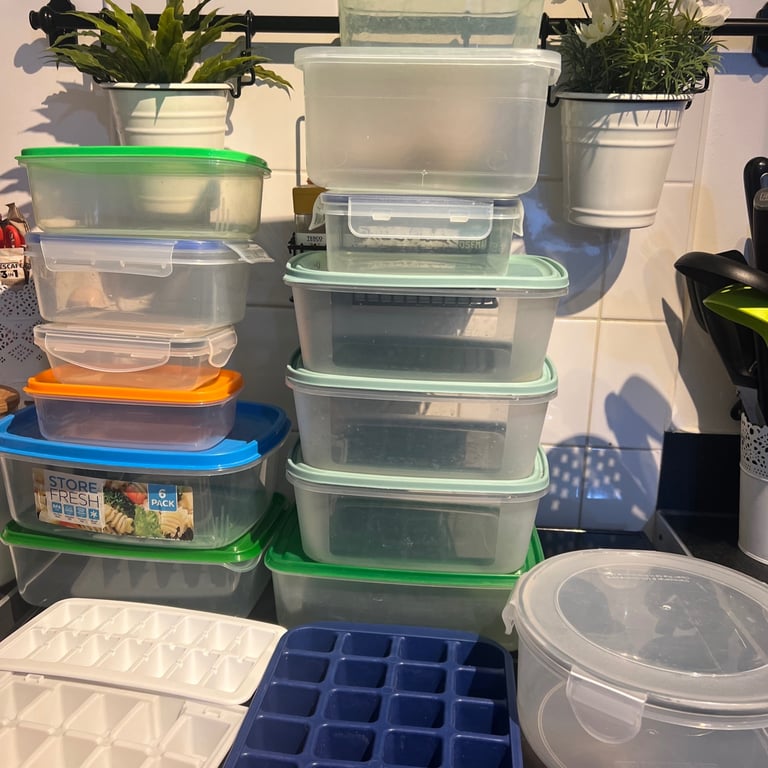 X19 item 15 Plastic Food Storage Containers - Family Sized and 4 ice cubes 