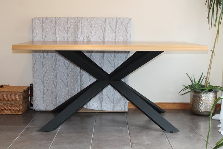 Solid Wood Dining Table With Black Metal Legs.