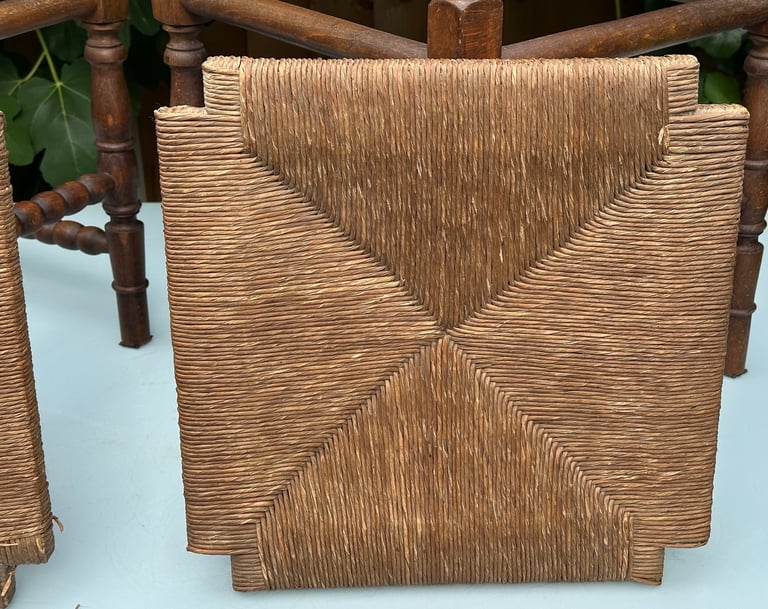 VINTAGE FRENCH BOBBIN LEG CHAIRS, CORNER CHAIRS, RUSH SEAT, H74cm - 1900s ARTS & CRAFTS - WILL POST!