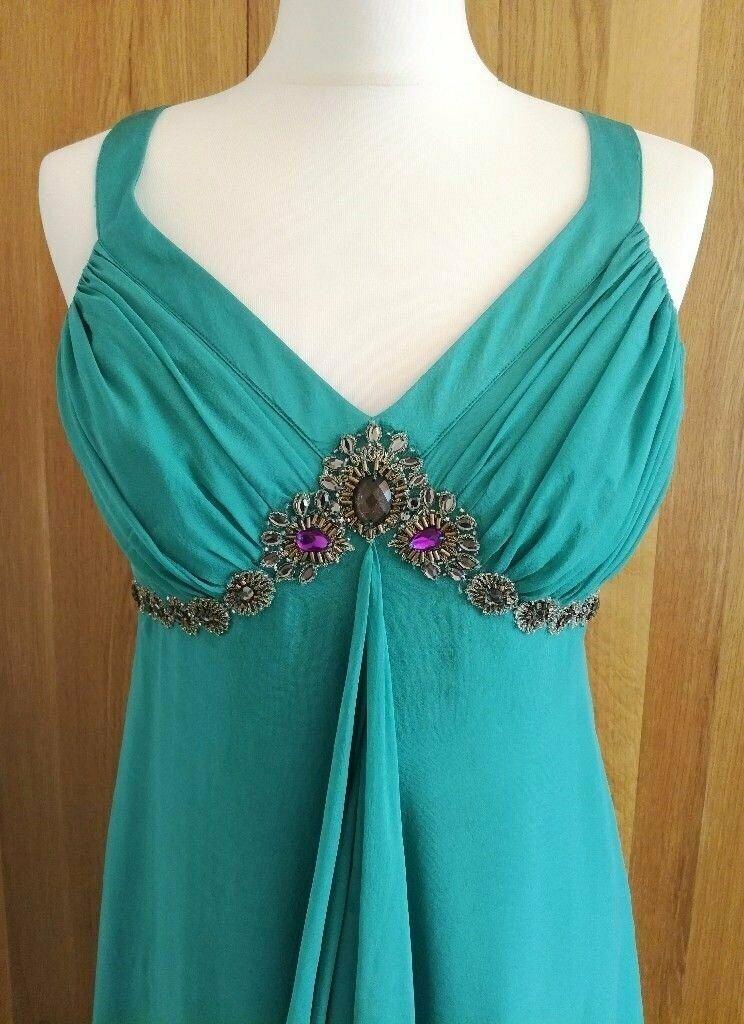 MONSOON DRESS Pure Silk 100% Boho Jade Turquoise Green Gold Bead Design Size 10 Wedding