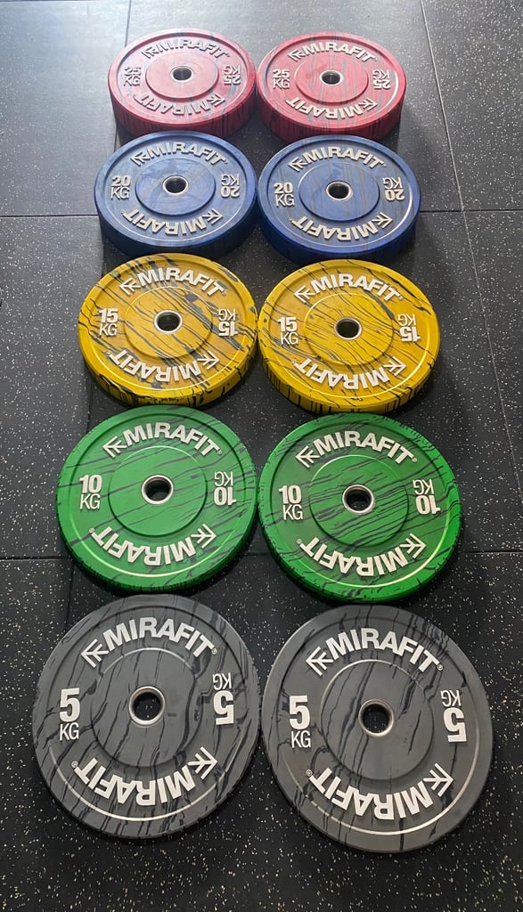 image for Mirafit 150kg tiger camo Olympic bumper plate set 2x 25kg, 2x 20kg, 2x 15kg, 2x 10kg & 2x 5kg