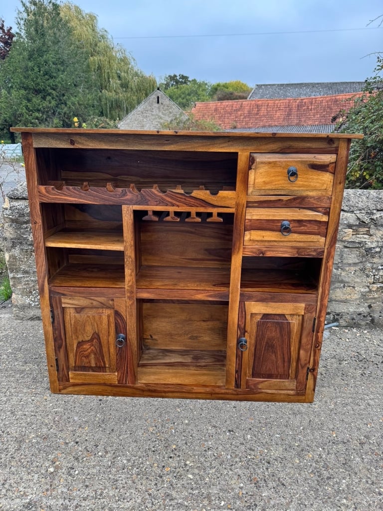 image for Solid Wood Rustic Bar Cabinet with Wine Rack & Storage”