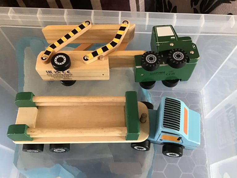 1x Little town lorry + trailer 1x early learning centre car  transporter lorry  Both wooden painted