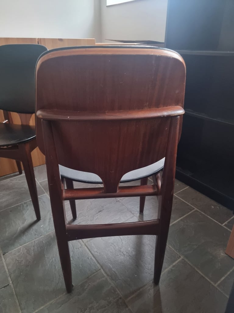 image for Set of 3 Mid-Century Style Wooden Chairs with Black Leather