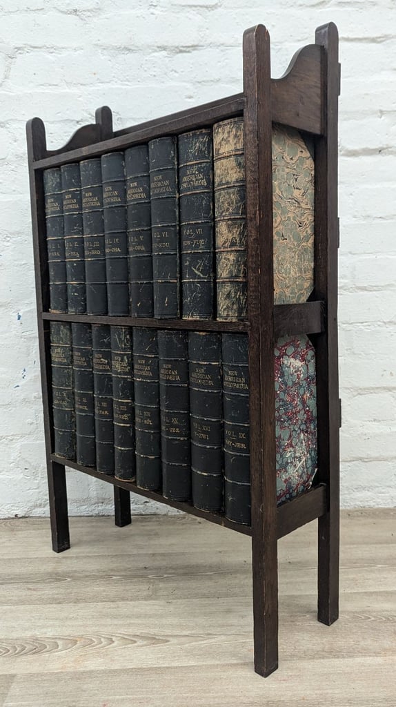 Early 20th century freestanding oak bookcase complete with encyclopedias (DELIVERY AVAILABLE)