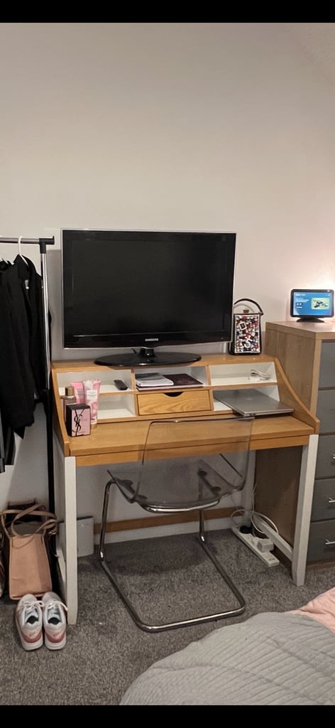 Extendable desk. With 5 cubby holes and drawer