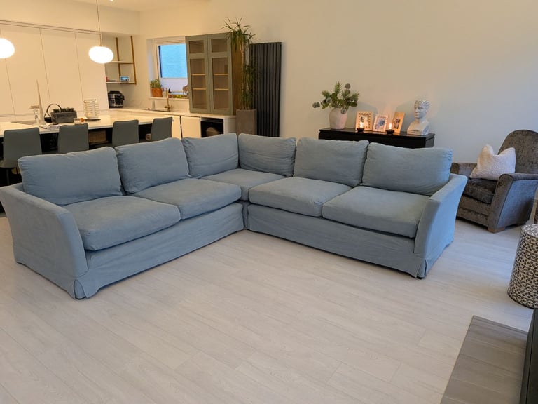 ONO..Stunning superior corner sofa, light blue quality feather filled and foam sofa