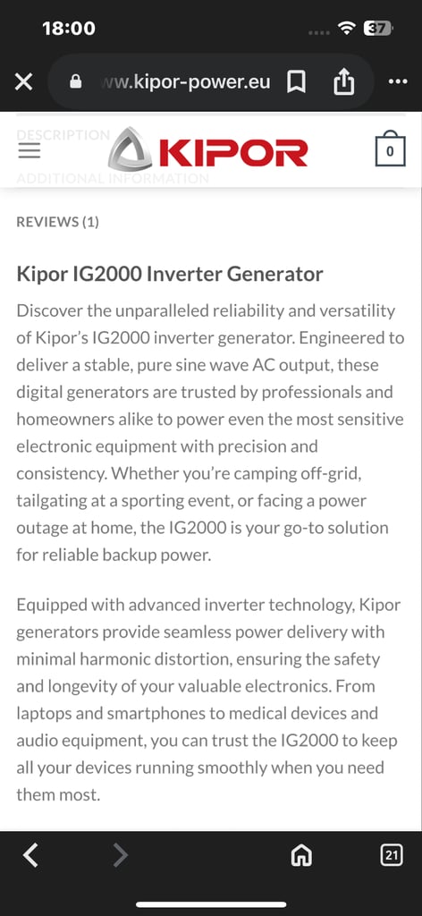 Kipor Ig2000 sinemaster suitcase petrol generator 