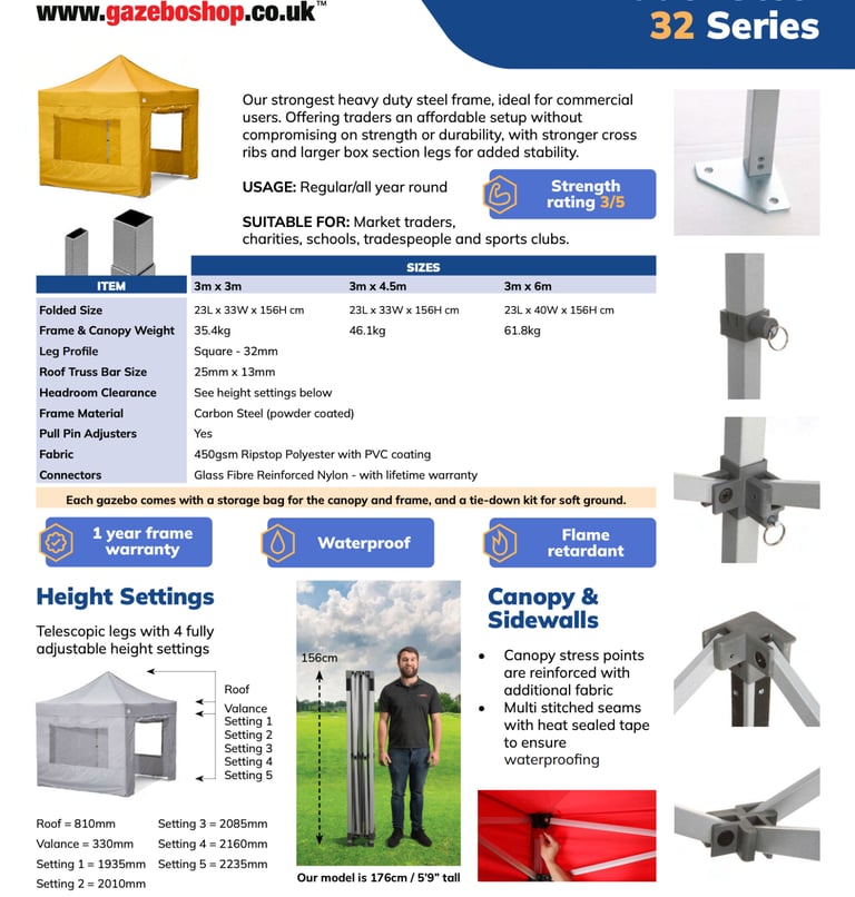 GAZEBOS - TWO 3m x 6m Trader Steel 32 Series - Also inc. Heaters, Gutters, Joining Strips