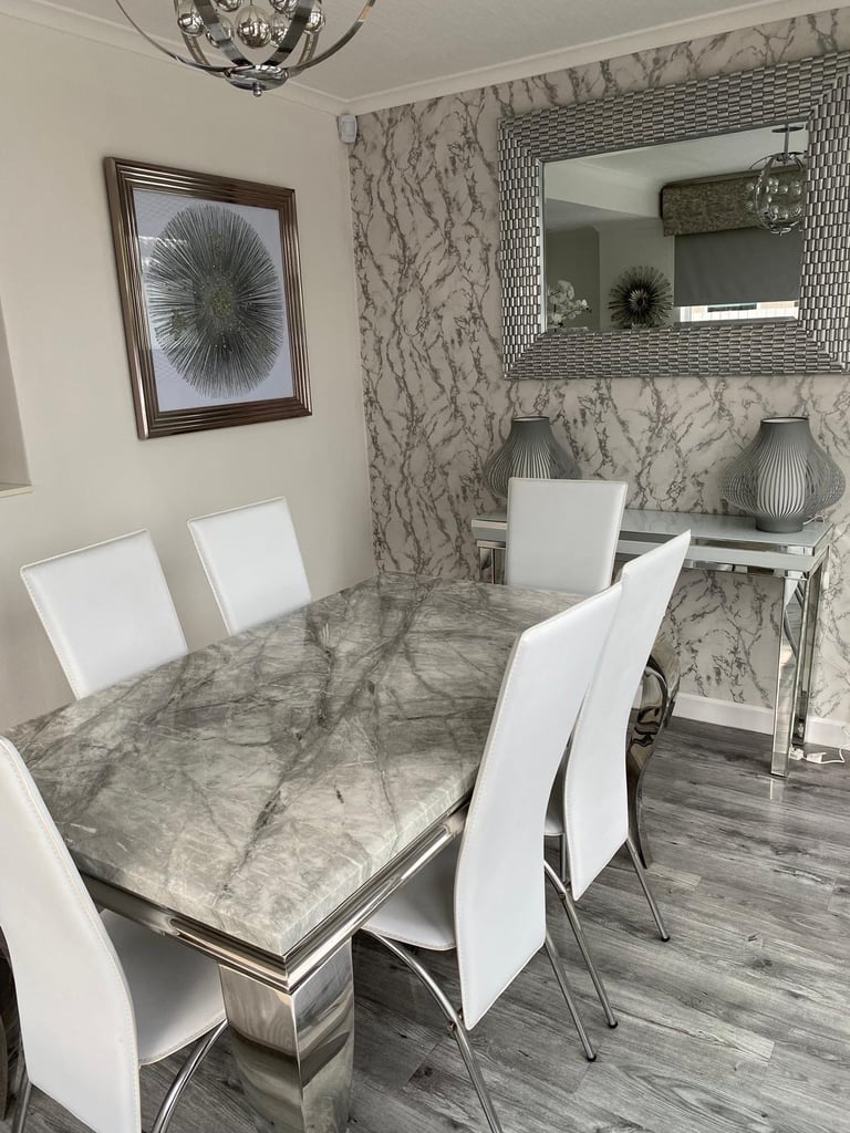 Dining room table and 6 chairs plus , table lights, glass wall decor  , mirror, console table, 