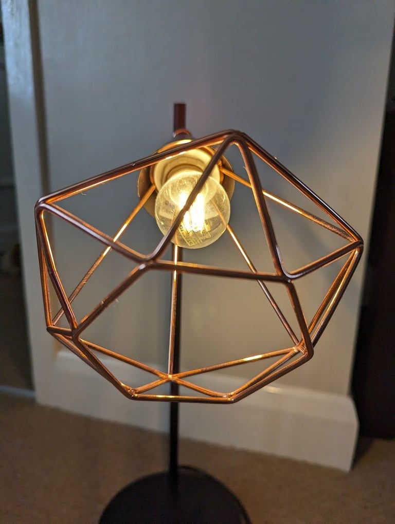 Copper Industrial Cage Table lamp in excellent condition with vintage filament bulb