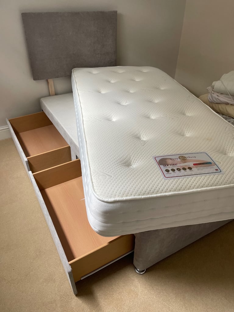 Pair of Matching single 3 foot, beds. Grey with storage drawers 