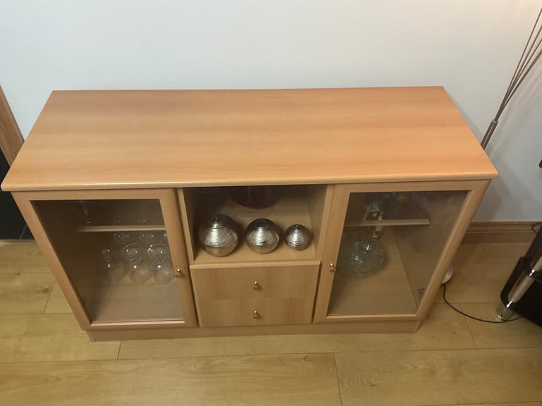 Wooden and glass display units.