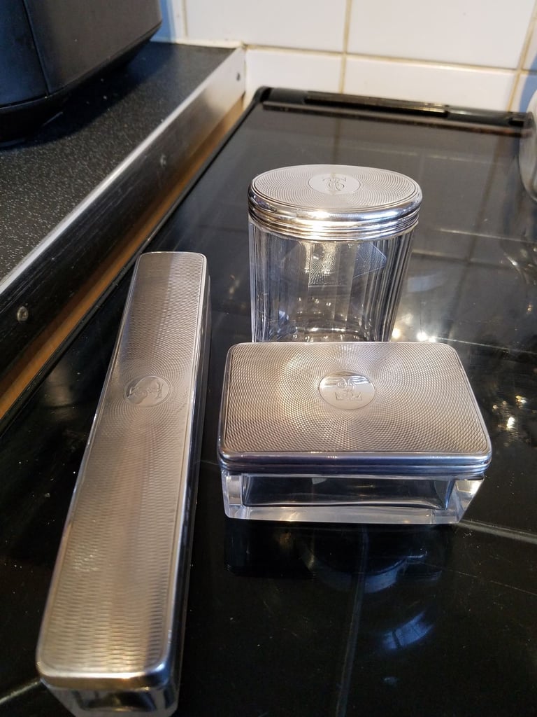 Antique Vanity Jars With Sterling Silver Lids.