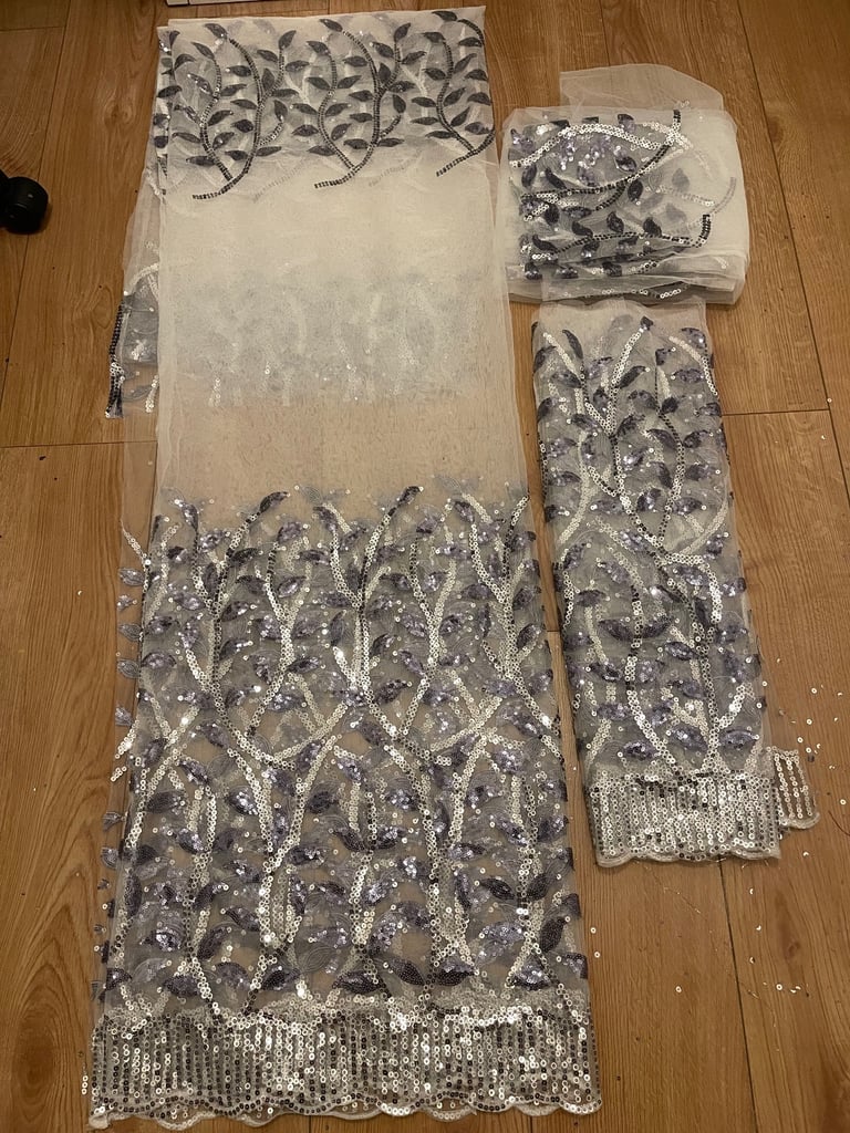 image for net fabric with blue and silver leaves