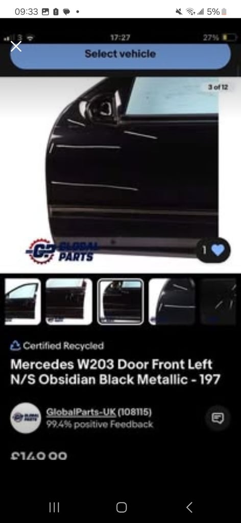 Mercedes w203 door front  obsidian left black metallic -197