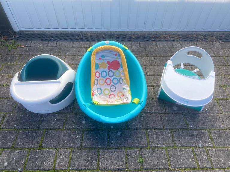 image for Fisher Price baby bath with support sling, bumbo chair &  portable high chair 