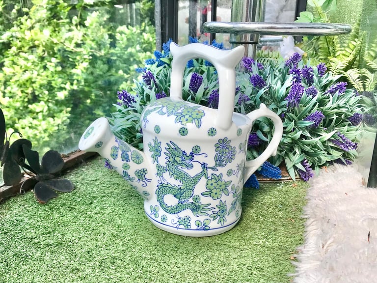 image for Antique vintage style porcelain watering can dragon birds Old style watering