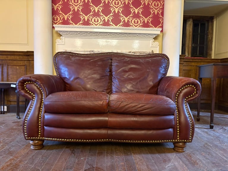 Vintage Dark Red Leather Chesterfield-Style Sofa