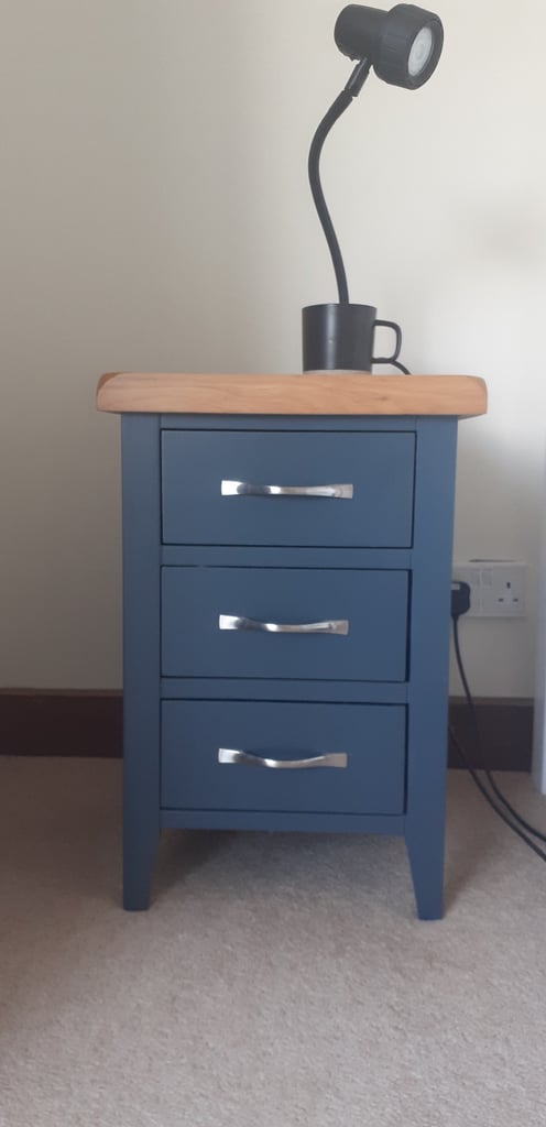 Bedside table - blue, 3 drawers, oak