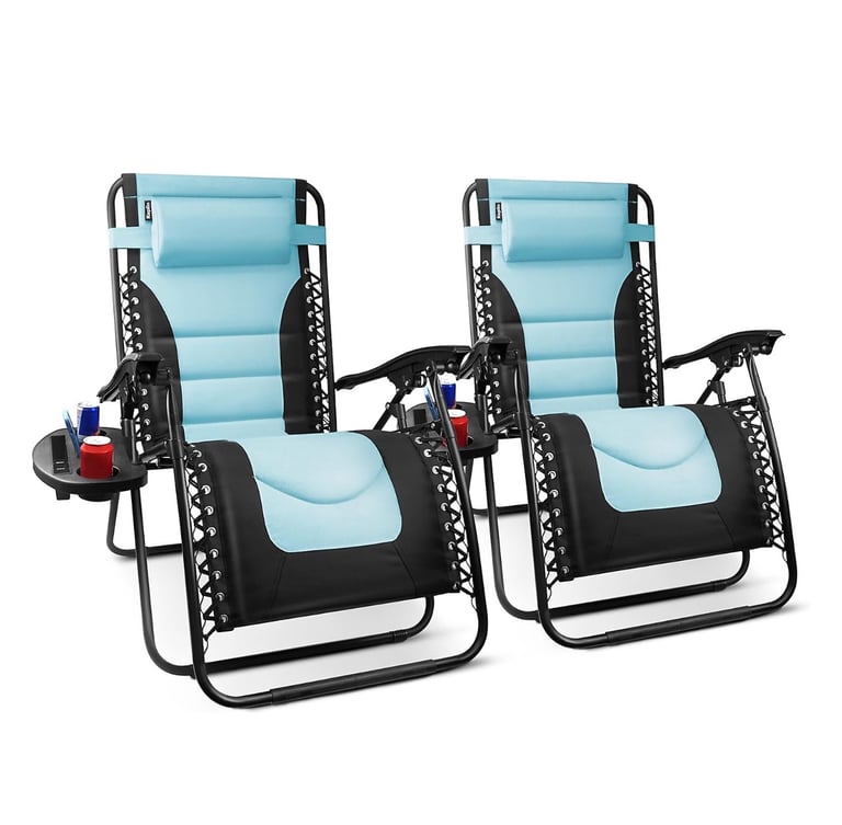 image for Padded Lawn Chairs Set of 2 Foldable Patio Recliners Lounge Pillow & Cup Holder Outdoor Camp