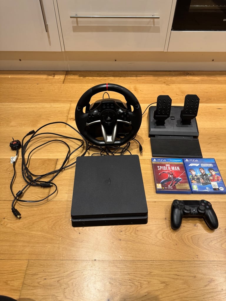image for OPEN TO OFFERS PS4 with controller, steering wheel and pedals, F1 21 and Spider-Man 