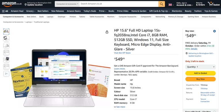 HP 15.6" Full HD Laptop (Intel Core i7, 512GB SSD) *BOXED*