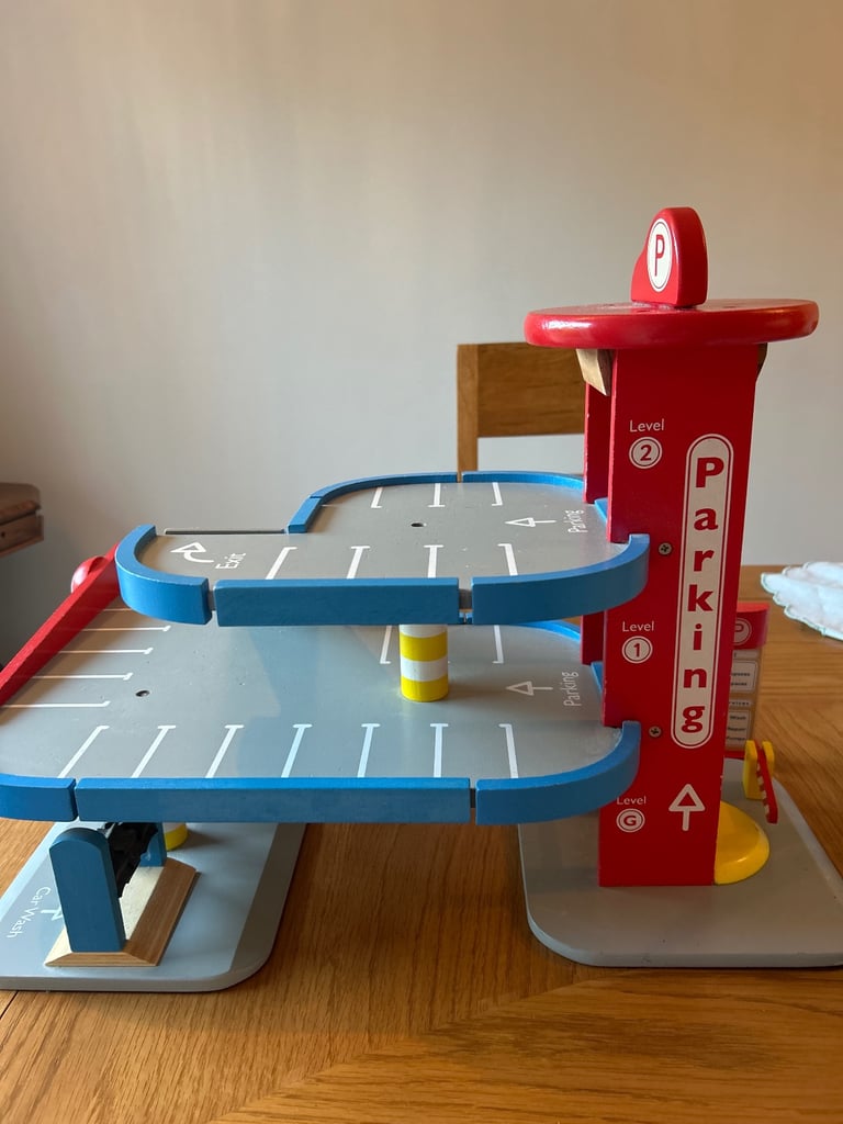 Toy wooden car park used 