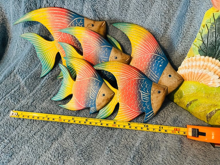 FISH MIRROR & WOODEN FISH. VERY COLOURFUL. Medium Size.  