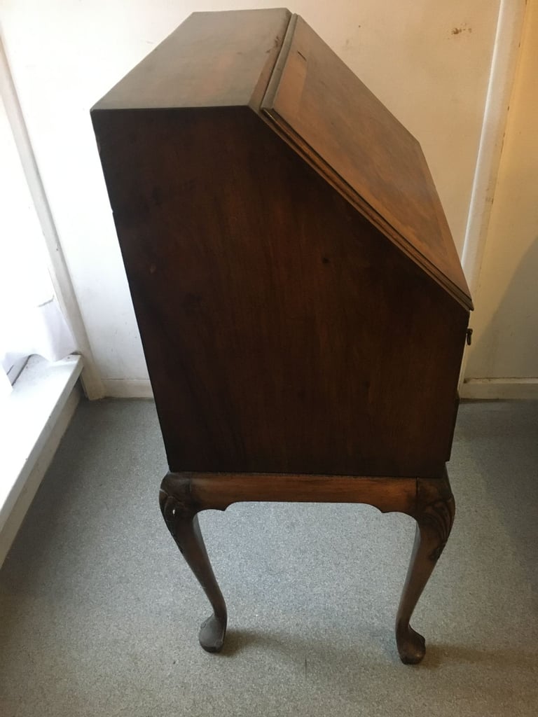 Antique Queen Anne Walnut Ladies Writing Bureau 1930's Secretaire 2 Drawers with Cabriole Supports