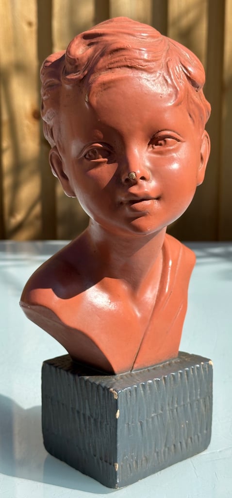 image for ANTIQUE FRENCH PLASTER BUST OF A YOUNG BOY, PAINTED CHALKWARE STATUE, 27cm tall - 1900s - WILL POST!