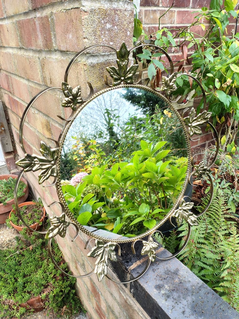 image for Vintage Round Mirror With Metal Scrolls and Leaves
