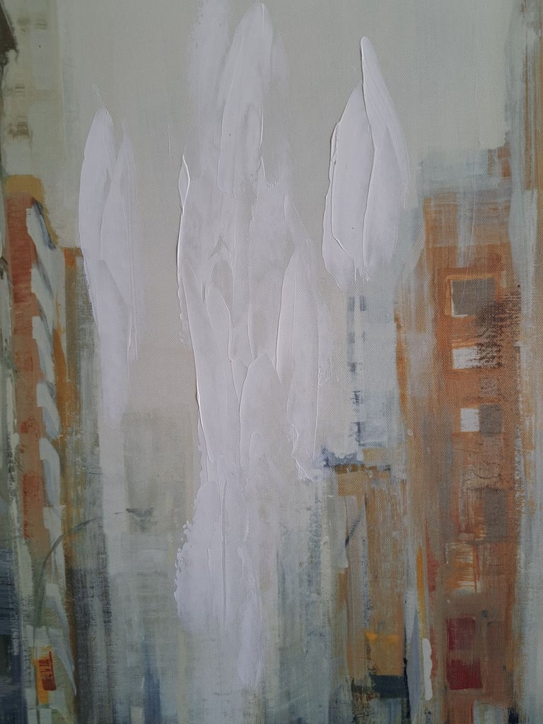 Tan white grey and black cityscape artwork 